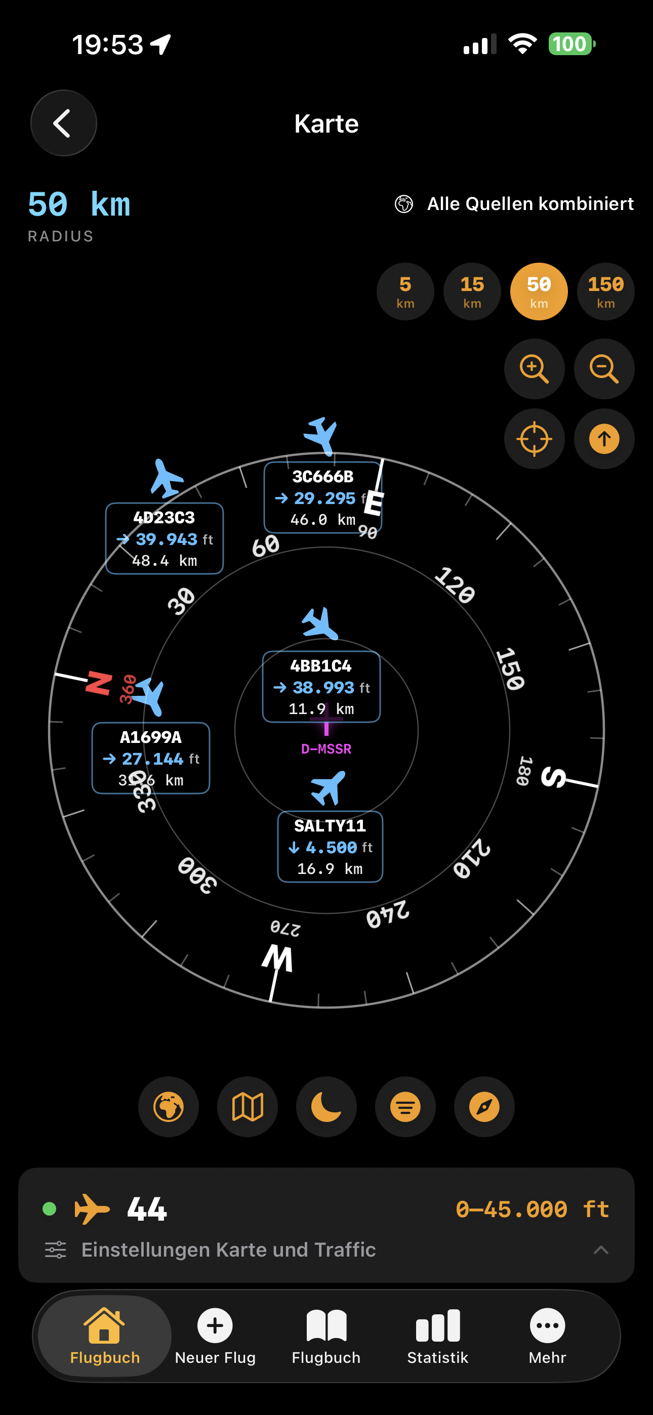 Selenny® Flugbuch — Premium Live-Radar mit ADS-B-Verkehr